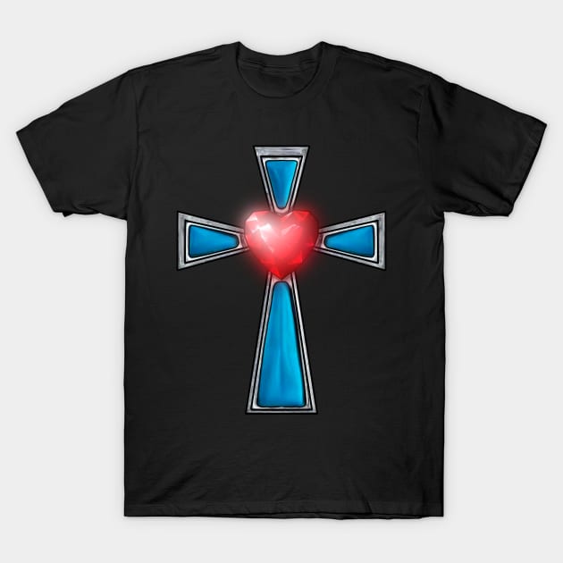 Cross Blue Stones Ruby Red Heart T-Shirt by SoLunAgua